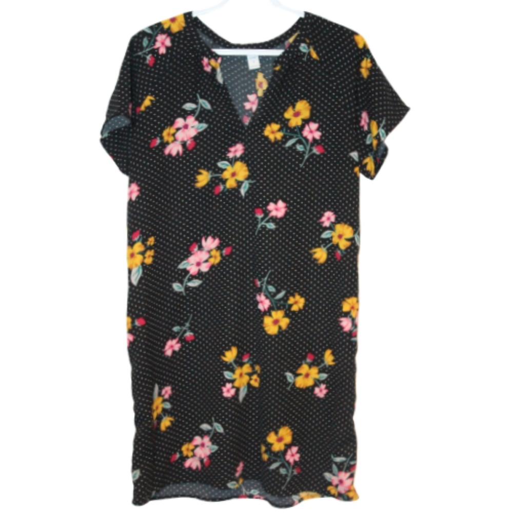2/$20 🏷 Old Navy Black & White Polka Dot Floral Lightweight Dress Size M